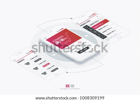 Website wireframe for mobile apps with round arrows . A conceptual mobile phones with a mobile app page. User experience, user interface in e-commerce.