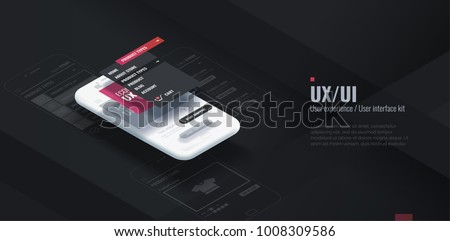 A conceptual mobile phone with a disassembled interface. User experience, user interface in e-commerce. Website wireframe for mobile apps