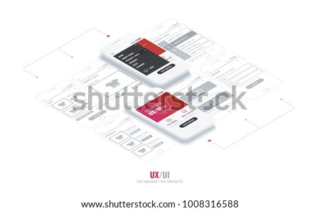 Website wireframe for mobile apps with link . A conceptual mobile phones with a mobile app page. User experience, user interface kit in e-commerce.
