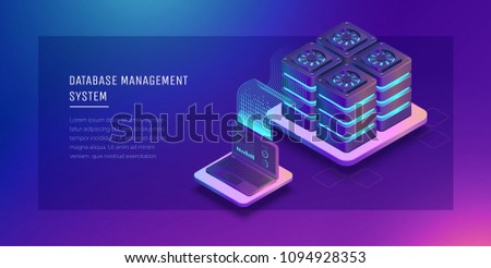 Transfer of user data to the server. Data flow. Data storage. Server. Digital space. Data center. Big Date. Conceptual illustration. Isometric vector illustration. 3D