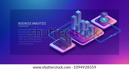 Digital technologies in business. Digital system analysis of business. Business growth graph. Online wallet. Electronic payment systems. Digital money transfers.Conceptual Isometric illustration.