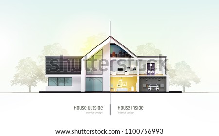 House in cross-section. Modern house, villa, cottage, townhouse with shadows. Architectural visualization of a three storey cottage inside and outside. Realistic vector illustration.