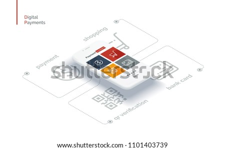 Payment system mobile interface. Infographics with a mobile phone and payment system icons. Modern full-color illustration isometric style.