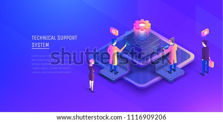 System of technical support. People interacting with the technical support center. Modern vector illustration isometric style.