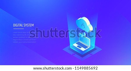 Digital technologies. Exchange of information between the computer and the cloud. A laptop in blue glow downloads files into the cloud storage. Modern vector illustration isometric style.