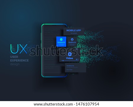 Mobile apps. Creation of a mobile application. Web page created from separate blocks. User experience, user interface. Layouts of the mobile application by layers. Modern vector illustration.