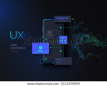 Mobile apps. Creation of a mobile application. Web page created from separate blocks. User experience, user interface. Layouts of the mobile application by layers. Modern vector illustration.