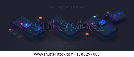 User experience kit. Smartphone mockup on black background with interactive user interface. The process of creating a mobile application. Website wireframe for mobile apps with active layers and links