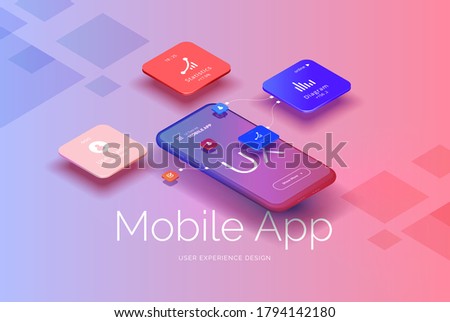 Mobile application design. Smartphone mockup with statistics, charts, user profile, icons. User interface, user experience. Mobile interface technologies. Vector illustration isometric style.