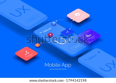 Mobile application design. Mobile phone mockup with a set of tools for creating a user interface. Layered illustration with mobile phones and mobile application parts. Isometric style