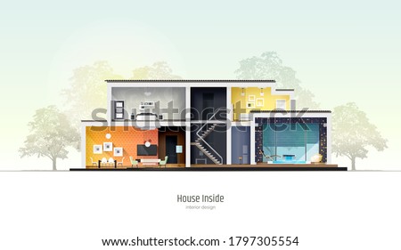 House in cross-section. Modern loft style house, villa, cottage, townhouse with shadows. Architectural visualization of a three storey cottage inside and outside. Realistic vector illustration.