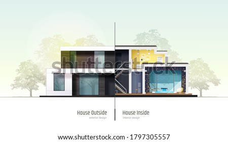House in cross-section. Modern loft style house, villa, cottage, townhouse with shadows. Architectural visualization of a three storey cottage inside and outside. Realistic vector illustration.