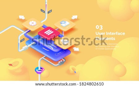 Modern mobile app user interface concept. 3D Smartphone on a yellow background with tools for creating a mobile interface. Mobile interface design. Modern vector illustration isometric style.