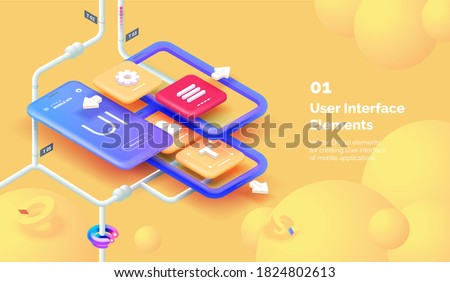 Modern mobile app user interface concept. 3D Smartphone on a yellow background with tools for creating a mobile interface. Mobile interface design. Modern vector illustration isometric style.