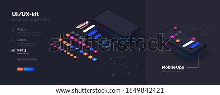 Toolkit-UI/UX scene creator. Part 3 Mobile application design. Smartphone mockup with active blocks and connections. Creation of the user interface. Modern vector illustration isometric style