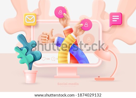 Social media marketing. Computer and smartphone with social media user interface. Communication between people using social networks. Vector illustration with computer, phone, icons, 3d style.