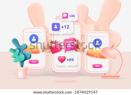 Smartphone with social media UI. Phone template. Interaction between people through social networks. Social network user interface with new likes, comments, followers. Vector illustration 3d style.