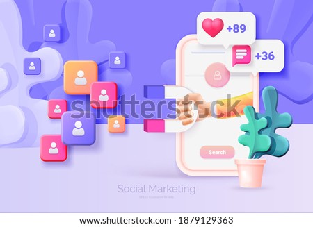 Digital social marketing. Mobile phone with social network interface. Hand holds a magnet. Search and attraction of target audience, new subscribers. Social network promotion. Vector illustration 3D 