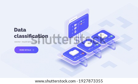 System of electronic classification of corporate data. Monitor with data about system files. Classification of files, folders, reports, graphs. Vector illustration isometric style, 3D
