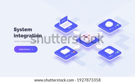 Integration system between different platforms with access to information. Digital technologies. Data transmission and protection. Vector illustration isometric style, 3D