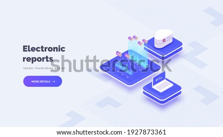 Electronic reporting. Vector conceptual illustration with cloud server laptop interaction and e-reporting system. Electronic statistics and analytics. Isometric style