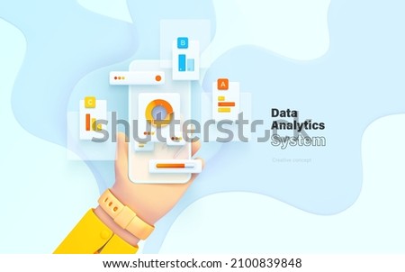Data analysis system. The hand is holding the phone. Mobile application for data analysis and accounting. File management. Electronic document management. Vector illustration 3d style