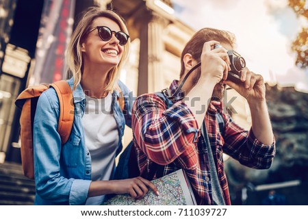 Similar – Image, Stock Photo Young tourist holding boyfriend hand in “Cuesta del rey chico” near to “La Alhambra” Granada, Spain