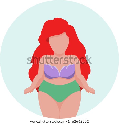Cute beautiful mermaid Ariel with red hair and green tail without face in vector.