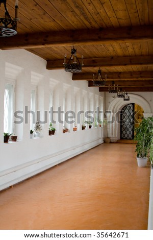 Corridor in a palace, white walls, a wooden ceiling