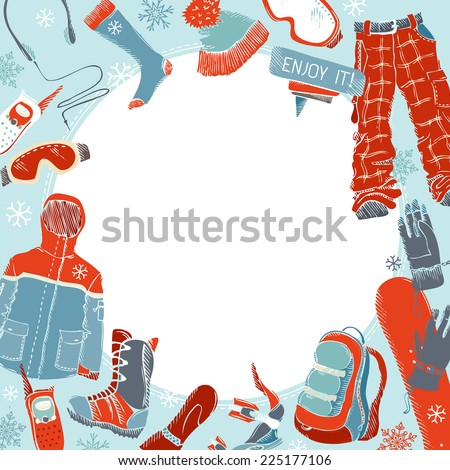 Winter extreme sport background. Hand-drawn snowboard clothing and kit. There is place for your text in the center.