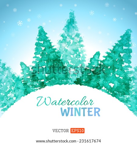 Watercolor winter background. Hand-drawn winter landscape. There is place for your text.