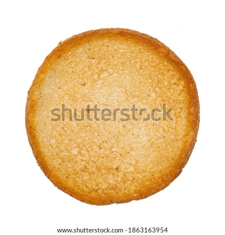 Top view of golden toasted round rusk toast aka beschuit. Isolated on white background. Сток-фото © 