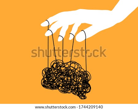 Mental health , illness ,brain development ,medical treatment  concept, hand holding puppet strings with a thread of brain, vector illustration  

