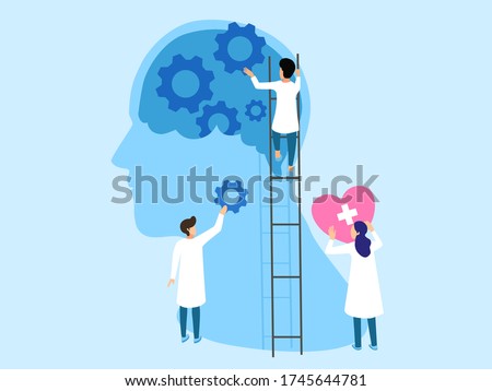 Mental health ,brain development  medical treatment concept, doctors  work together to set up heart and gear to brain, setting good mindset and attitude on gear   background , vector  illustration 