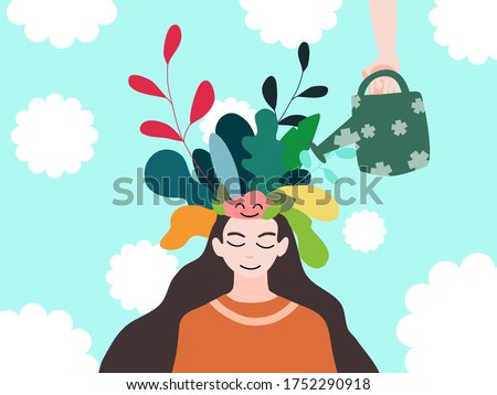 Mental health, illness ,brain development ,medical treatment  concept, hand water tree pop up form women’s head and brain, vector illustration  