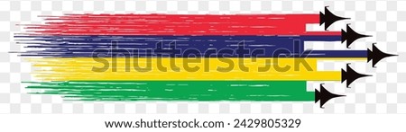 Mauritius flag with military fighter jets isolated background. vector illustration