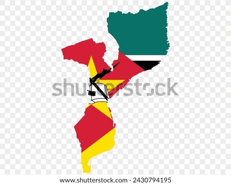 Mozambique flag on map on transparent  background. vector illustration.