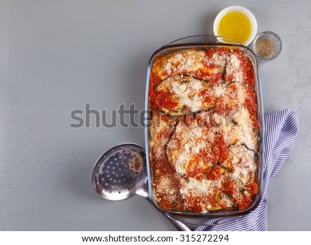 eggplant parmesan with cheese and olive oil. vegetarian cuisine