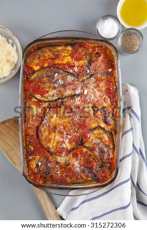 eggplant parmesan with cheese and olive oil. vegetarian cuisine