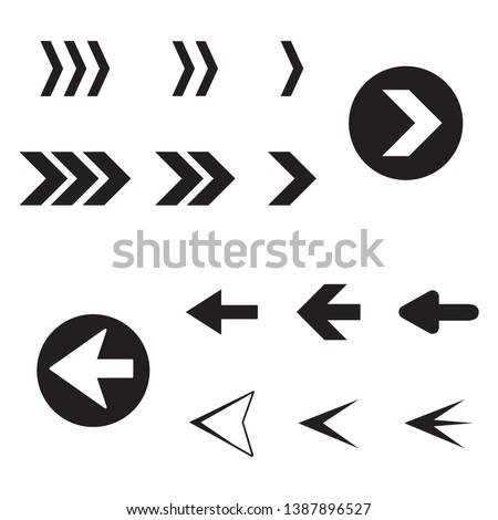 Arrow back and right icon set isolated on white background. Trendy collection of different arrow icons in flat style for web site, app and ui. Black arrows right and left template. Vector illustration