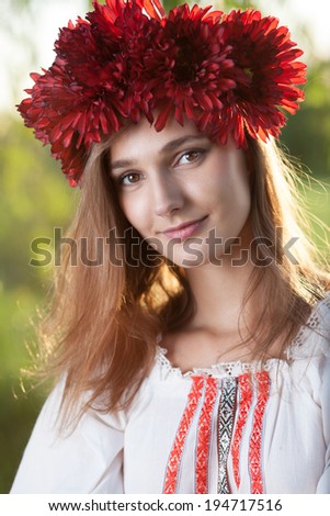 Close-up portrait of ukranian girl in traditional costume