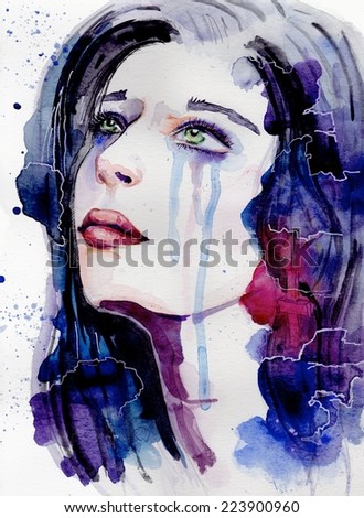 Woman crying face. Hand painted fashion illustration. Amazing colourful beautiful woman water-colour artwork. Watercolor portrait of beautiful girl | handmade | self made | painting