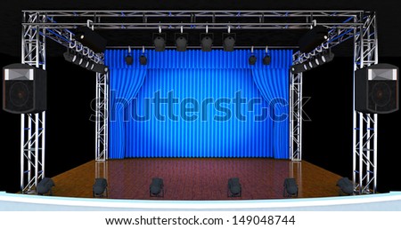 3d Theater stage with blue curtains and spotlights. Theatrical scene in the light of searchlights, the interior of the old theater