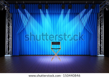 Empty chair with spotlight on stage of Blue Curtain Stage Background