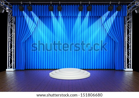 Theater stage with blue curtains and spotlights Theatrical scene in the light of searchlights, the interior of the old theater