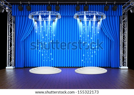Theater stage with blue curtains and spotlights