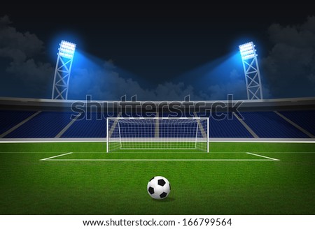 Soccer stadium, soccer ball on green stadium, arena in night illuminated bright spotlights, soccer goal
