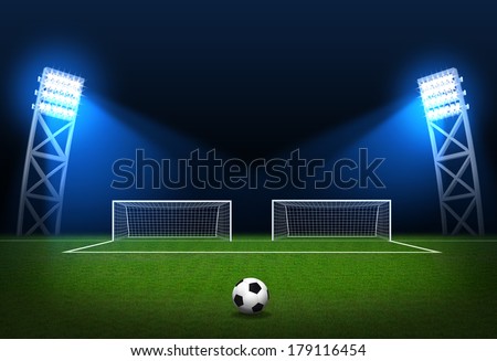 Soccer stadium, soccer ball on green stadium, arena in night illuminated bright spotlights, soccer goal