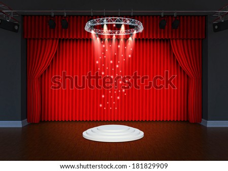 Theater stage with red curtains and spotlights Theatrical scene in the light of searchlights, the interior of the old theater