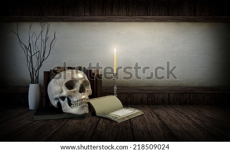 still life, human skull with old wooden , old book and candle